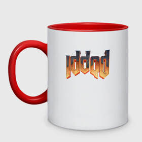 Кружка двухцветная с принтом IDDQD DOOM в городе Новоалтайск, керамика | объем — 330 мл, диаметр — 80 мм. Цветная ручка и кайма сверху, в некоторых цветах — вся внутренняя часть | Тематика изображения на принте: demons | devil | doom | doom eternal | doom guy | doom slayer | hell | iddqd | slayer | ад | демоны | дум | палач рока