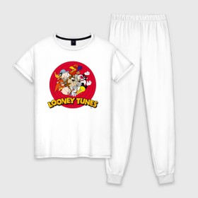 Женская пижама хлопок с принтом Looney Tunes в городе Новоалтайск, 100% хлопок | брюки и футболка прямого кроя, без карманов, на брюках мягкая резинка на поясе и по низу штанин | Тематика изображения на принте: bugs bunny | daffy duck | looney tunes | sylvester | tasmanian devil | taz | tweety | vdzabma | багз банни | даффи дак | луни тюнз | сильвестр | таз | тасманский дьявол | твити
