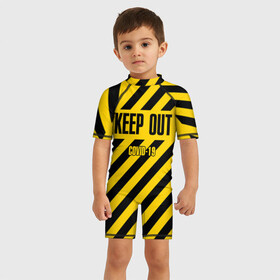 Детский купальный костюм 3D с принтом Keep out в городе Новоалтайск, Полиэстер 85%, Спандекс 15% | застежка на молнии на спине | Тематика изображения на принте: coronavirus | forbidden | infection | keep out | tape | virus | yellow black | zone | вирус | вне | жёлто черная | запретная | зона | инфекция | коронавирус | лента | оставайся
