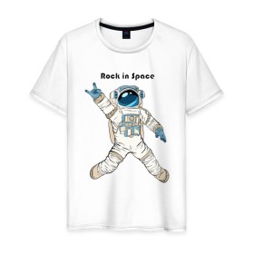 Мужская футболка хлопок с принтом Rock in Space в городе Новоалтайск, 100% хлопок | прямой крой, круглый вырез горловины, длина до линии бедер, слегка спущенное плечо. | cosmonaut | rock | rock n roll | space | космонавт | космос | рок