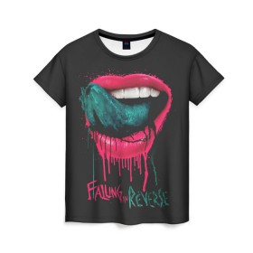 Женская футболка 3D с принтом Falling in Reverse в городе Новоалтайск, 100% полиэфир ( синтетическое хлопкоподобное полотно) | прямой крой, круглый вырез горловины, длина до линии бедер | falling in reverse | gold | lips | mouth | rock | ronnie radke | teeth | tongue | губы | золото | зубы | рок | ронни радке | рот | язык