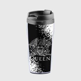 Термокружка-непроливайка с принтом QUEEN. в городе Новоалтайск, внутренняя часть — пищевой пластик, наружная часть — прозрачный пластик, между ними — полиграфическая вставка с рисунком | объем — 350 мл, герметичная крышка | Тематика изображения на принте: queen | британская рок группа | квин | куин | кьюин | мистер робот | музыка | рами малек | рок | рок музыка | фредди меркьюри