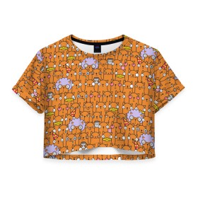 Женская футболка Crop-top 3D с принтом Рыжие коты в городе Новоалтайск, 100% полиэстер | круглая горловина, длина футболки до линии талии, рукава с отворотами | cartoon | cat | kitty | бабушка | колпак | кот | котёнок | котик | коты | кофе | кошка | мультяшный | персонаж | рисованый | симпатичный | утка | утро | чёрт | шутка | юмор