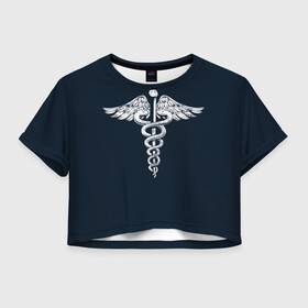 Женская футболка Crop-top 3D с принтом Caduceus в городе Новоалтайск, 100% полиэстер | круглая горловина, длина футболки до линии талии, рукава с отворотами | caduceus | coronavirus | medic | nurse | superhero | врач | врачи | герои | герой | коронавирус | медбрат | медик | медики | медицина | медсестра | супергерои | супергерой