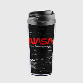 Термокружка-непроливайка с принтом NASA в городе Новоалтайск, внутренняя часть — пищевой пластик, наружная часть — прозрачный пластик, между ними — полиграфическая вставка с рисунком | объем — 350 мл, герметичная крышка | Тематика изображения на принте: nasa | астронавт | вселенная | звёздная карта | звёзды | космический | космонавт | космонавтика | космос | наса | ракета | шатл