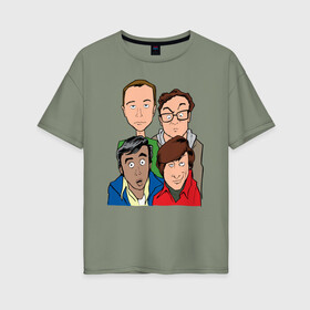 Женская футболка хлопок Oversize с принтом The Big Bang Theory Guys в городе Новоалтайск, 100% хлопок | свободный крой, круглый ворот, спущенный рукав, длина до линии бедер
 | big bang theory | howard wolowitz | leonard hofstadter | penny | raj | sheldon cooper | stuart bloom | vdgerir | воловитц | леонард хофстедер | пэнни | радж | раджешь кутрапалли | тбв | теория большого взрыва | чак лорри | шелдон | шэл