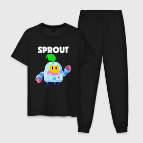 Мужская пижама хлопок с принтом BRAWL STARS SPROUT в городе Новоалтайск, 100% хлопок | брюки и футболка прямого кроя, без карманов, на брюках мягкая резинка на поясе и по низу штанин
 | 8 bit | 8 бит | bibi | brawl stars | crow | el brown | leon | leon shark | max | mr.p | sally leon | shark | sprout | stars | virus | werewolf | акула | биби | вирус | ворон | леон | оборотень | пингвин