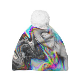 Шапка 3D c помпоном с принтом DIGITAL ABSTRACT GLITCH в городе Новоалтайск, 100% полиэстер | универсальный размер, печать по всей поверхности изделия | Тематика изображения на принте: abstraction | geometry | glitch | hexagon | neon | paints | stripes | texture | triangle | абстракция | брызги | геометрия | глитч | краски | неон | неоновый | соты | текстура