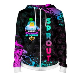 Женская толстовка 3D на молнии с принтом BRAWL STARS (SPROUT) [25] в городе Новоалтайск, 100% полиэстер | длина до линии бедра, манжеты и пояс оформлены мягкой тканевой резинкой, двухслойный капюшон со шнурком для регулировки, спереди молния, по бокам два кармана | 8 bit | android | brawl | brawl stars | clash | clash royale | game | leon | royale | sprout | stars | андроид | игра | кольт | леон | мобильные игры | спраут