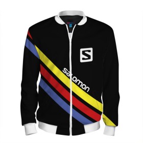 Мужской бомбер 3D с принтом Salomon в городе Новоалтайск, 100% полиэстер | застегивается на молнию, по бокам два кармана без застежек, по низу бомбера и на воротнике - эластичная резинка | Тематика изображения на принте: salomon | активный отдых | альпинизм | биатлон | зима | лыжи | сноуборд | спорт