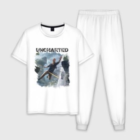 Мужская пижама хлопок с принтом UNCHARTED в городе Новоалтайск, 100% хлопок | брюки и футболка прямого кроя, без карманов, на брюках мягкая резинка на поясе и по низу штанин
 | play | uncharted | uncharted 4 | дрейк | игры | не отмеченный на карте | неведомый | неизведанный | неизвестный | нейт | нейтан