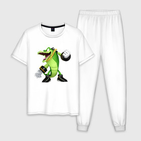Мужская пижама хлопок с принтом Sonic Crocodile в городе Новоалтайск, 100% хлопок | брюки и футболка прямого кроя, без карманов, на брюках мягкая резинка на поясе и по низу штанин
 | hedgehog | metal sonic | silver | silver the hedgehog | sonic | sonic boom | sonic the hedgehog | еж | ёж сонник | ежик | игры | кино | крокодил | соник | соник в кино | фильм