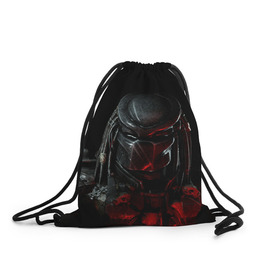 Рюкзак-мешок 3D с принтом PREDATOR в городе Новоалтайск, 100% полиэстер | плотность ткани — 200 г/м2, размер — 35 х 45 см; лямки — толстые шнурки, застежка на шнуровке, без карманов и подкладки | aliens | avp | black | cinema | predator | кино | фильм хищник | фильмы | хищник | чёрный | чужой