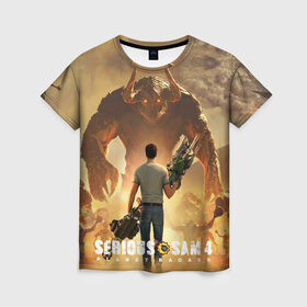 Женская футболка 3D с принтом Serious Sam 4 в городе Новоалтайск, 100% полиэфир ( синтетическое хлопкоподобное полотно) | прямой крой, круглый вырез горловины, длина до линии бедер | croteam | devolver | digital | games | planet | sam | serious | игры | крутой | планета | сэм