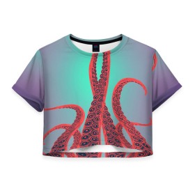 Женская футболка Crop-top 3D с принтом красные щупальца осминога в городе Новоалтайск, 100% полиэстер | круглая горловина, длина футболки до линии талии, рукава с отворотами | враг | градиент | захвачен | злобный | зловещий | красные | монстр | морской | опасный | осьминог | подводный | рисованный | синий | тентакли | фиолетовый | щупальца