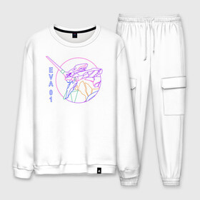 Мужской костюм хлопок с принтом Eva 01 Evangelion Vaporwave в городе Новоалтайск, 100% хлопок | на свитшоте круглая горловина, мягкая резинка по низу. Брюки заужены к низу, на них два вида карманов: два “обычных” по бокам и два объемных, с клапанами, расположенные ниже линии бедра. Брюки с мягкой трикотажной резинкой на поясе и по низу штанин. В поясе для дополнительного комфорта — широкие завязки | 90 | anime | cyborg | eva | eva 01 | evangelion | manga | meha | misato | rei | robot | vaporwave | аниме | вейпорвейв | ева | ева 01 | евангелион | манга | мисато | робот | синдзи