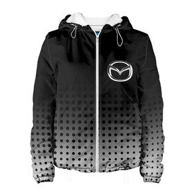 Женская куртка 3D с принтом Mazda в городе Новоалтайск, ткань верха — 100% полиэстер, подклад — флис | прямой крой, подол и капюшон оформлены резинкой с фиксаторами, два кармана без застежек по бокам, один большой потайной карман на груди. Карман на груди застегивается на липучку | mazda | mazda лого | mazda марка | mazda эмблема | значок mazda | лого авто | лого автомобиля | логотип mazda | логотип мазда | мазда | мазда значок | мазда лого | мазда эмблема | черно белый
