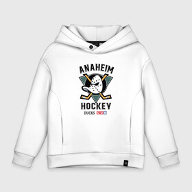 Детское худи Oversize хлопок с принтом ANAHEIM DUCKS в городе Новоалтайск, френч-терри — 70% хлопок, 30% полиэстер. Мягкий теплый начес внутри —100% хлопок | боковые карманы, эластичные манжеты и нижняя кромка, капюшон на магнитной кнопке | Тематика изображения на принте: anaheim | ducks | hockey | nhl | sport | usa | клюшки | нхл | спорт | утки | хоккей | шайбу