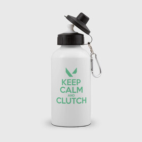 Бутылка спортивная с принтом KEEP CALM CLUTCH в городе Новоалтайск, металл | емкость — 500 мл, в комплекте две пластиковые крышки и карабин для крепления | breach | cs go | cypher | jett | league of legends | legends of runeterra | lol | omen | overwatch | phoenix | riot | riot games | sage | sona | sova | valorant | viper | валорант | кс го | лига легенд | лол