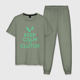Мужская пижама хлопок с принтом KEEP CALM CLUTCH в городе Новоалтайск, 100% хлопок | брюки и футболка прямого кроя, без карманов, на брюках мягкая резинка на поясе и по низу штанин
 | breach | cs go | cypher | jett | league of legends | legends of runeterra | lol | omen | overwatch | phoenix | riot | riot games | sage | sona | sova | valorant | viper | валорант | кс го | лига легенд | лол