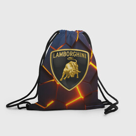 Рюкзак-мешок 3D с принтом LAMBORGHINI | ЛАМБОРГИНИ в городе Новоалтайск, 100% полиэстер | плотность ткани — 200 г/м2, размер — 35 х 45 см; лямки — толстые шнурки, застежка на шнуровке, без карманов и подкладки | Тематика изображения на принте: abstraction | auto | brand | geometry | hexagon | lamborghini | neon | paints | sport | stripes | texture | triangle | абстракция | авто | автомобиль | автомобильные | бренд | брызги | геометрия | краски | ламборгини | марка | машины | неон | неоновый
