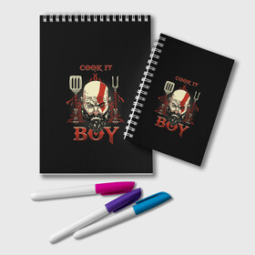 Блокнот с принтом God of War Cook it Boy в городе Новоалтайск, 100% бумага | 48 листов, плотность листов — 60 г/м2, плотность картонной обложки — 250 г/м2. Листы скреплены удобной пружинной спиралью. Цвет линий — светло-серый
 | Тематика изображения на принте: atreus | god of war | god of war 4 | gow | kratos | ps4 | атрей | бог войны | гов | зы4 | кратос | левиафан | мальчик | мимир | мировой змей | пиратs | руны | эксклюзив