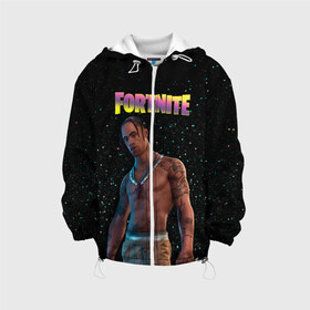 Детская куртка 3D с принтом Travis Scott Fortnite в городе Новоалтайск, 100% полиэстер | застежка — молния, подол и капюшон оформлены резинкой с фиксаторами, по бокам — два кармана без застежек, один потайной карман на груди, плотность верхнего слоя — 90 г/м2; плотность флисового подклада — 260 г/м2 | astronomical | epic games | fortnite | travis scott | ивент | ивент fortnite | концерт | концерт fortnite | скин travis scott | тревис | трэвис скотт | фортнайт