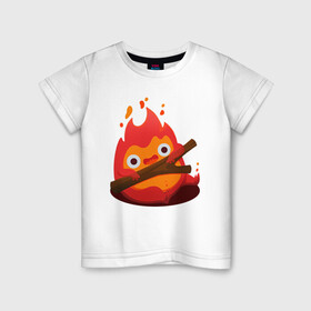 Детская футболка хлопок с принтом Calcifer в городе Новоалтайск, 100% хлопок | круглый вырез горловины, полуприлегающий силуэт, длина до линии бедер | Тематика изображения на принте: ведьма пустоши | кальцифер | маркл | пугало | пугало репка | софи | софи хаттер | хаул | хаул пендрагон | ходячий замок | ходячий замок хаула