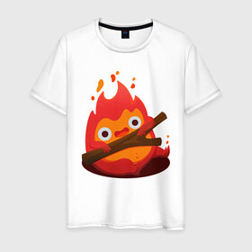 Мужская футболка хлопок с принтом Calcifer в городе Новоалтайск, 100% хлопок | прямой крой, круглый вырез горловины, длина до линии бедер, слегка спущенное плечо. | Тематика изображения на принте: ведьма пустоши | кальцифер | маркл | пугало | пугало репка | софи | софи хаттер | хаул | хаул пендрагон | ходячий замок | ходячий замок хаула
