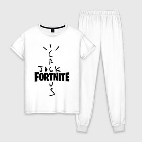 Женская пижама хлопок с принтом FORTNITE X TRAVIS SCOTT в городе Новоалтайск, 100% хлопок | брюки и футболка прямого кроя, без карманов, на брюках мягкая резинка на поясе и по низу штанин | astro | astronomical | astroworld | cactus | fort | fortnite | jack | nite | nomical | scott | travis | world | астро | астрономикал | джек | джэк | кактус | найт | номикал | скотт | трэвис | форт | фортнайт