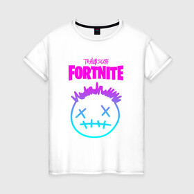 Женская футболка хлопок с принтом TRAVIS SCOTT+FORTNITE в городе Новоалтайск, 100% хлопок | прямой крой, круглый вырез горловины, длина до линии бедер, слегка спущенное плечо | america | astroworld | cactus jack | fortnite | fortnite 2 | fortnite х | mask | rap | smile | smiley | travis scott | usa | wish you were here | америка | зарубежный реп | кактус джек | маска | реп | смайлик | сша | трэвис скотт | улыбка 