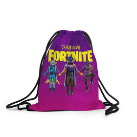 Рюкзак-мешок 3D с принтом TRAVIS SCOTT+FORTNITE в городе Новоалтайск, 100% полиэстер | плотность ткани — 200 г/м2, размер — 35 х 45 см; лямки — толстые шнурки, застежка на шнуровке, без карманов и подкладки | america | astro jack | astroworld | cactus jack | fortnite | fortnite 2 | fortnite х | rap | travis scott | usa | wish you were here | америка | астро джек | зарубежный реп | кактус джек | реп | сша | трэвис скотт | фортнайт | фортнайт 2
