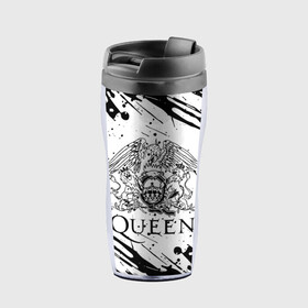 Термокружка-непроливайка с принтом QUEEN. в городе Новоалтайск, внутренняя часть — пищевой пластик, наружная часть — прозрачный пластик, между ними — полиграфическая вставка с рисунком | объем — 350 мл, герметичная крышка | Тематика изображения на принте: queen | британская рок группа | квин | куин | кьюин | мистер робот | музыка | рами малек | рок | рок музыка | фредди меркьюри