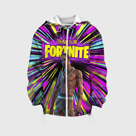 Детская куртка 3D с принтом TRAVIS SCOTT+FORTNITE в городе Новоалтайск, 100% полиэстер | застежка — молния, подол и капюшон оформлены резинкой с фиксаторами, по бокам — два кармана без застежек, один потайной карман на груди, плотность верхнего слоя — 90 г/м2; плотность флисового подклада — 260 г/м2 | america | astro jack | astroworld | cactus jack | fortnite | fortnite 2 | fortnite х | rap | travis scott | usa | wish you were here | америка | астро джек | зарубежный реп | кактус джек | реп | сша | трэвис скотт | фортнайт | фортнайт 2