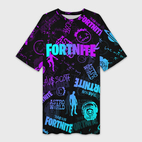 Платье-футболка 3D с принтом TRAVIS SCOTT+FORTNITE в городе Новоалтайск,  |  | america | astro jack | astroworld | cactus jack | fortnite | fortnite 2 | fortnite х | rap | travis scott | usa | wish you were here | америка | астро джек | зарубежный реп | кактус джек | реп | сша | трэвис скотт | фортнайт | фортнайт 2