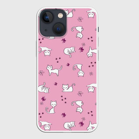 Чехол для iPhone 13 mini с принтом Белая кошка в городе Новоалтайск,  |  | Тематика изображения на принте: белая кошка | кот | кошачьи потягушки | кошка | милая мордочка | милота | розовый