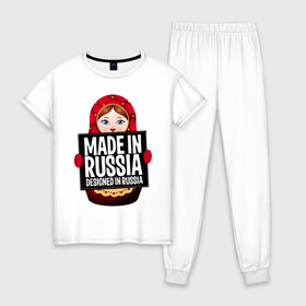 Женская пижама хлопок с принтом Made in Russia в городе Новоалтайск, 100% хлопок | брюки и футболка прямого кроя, без карманов, на брюках мягкая резинка на поясе и по низу штанин | ru | rus | russia | герб | двуглавый | знак | империя | лого | матрешка | надпись | национальный | орел | отечественный | патриот | россии | российская | россия | русич | русский | русь | рф | сборная | символ