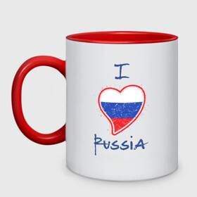 Кружка двухцветная с принтом I love Russia в городе Новоалтайск, керамика | объем — 330 мл, диаметр — 80 мм. Цветная ручка и кайма сверху, в некоторых цветах — вся внутренняя часть | ru | rus | russia | герб | двуглавый | империя | лого | люблю | надпись | национальный | орел | отечественный | патриот | россии | российская | россия | русич | русский | русь | рф | сборная | сердце | символ