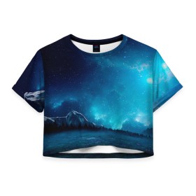 Женская футболка Crop-top 3D с принтом Ночное поле в городе Новоалтайск, 100% полиэстер | круглая горловина, длина футболки до линии талии, рукава с отворотами | горы | звёздное небо | небо | ночь | облака | поле