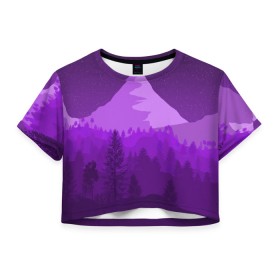 Женская футболка Crop-top 3D с принтом Ночные горы в городе Новоалтайск, 100% полиэстер | круглая горловина, длина футболки до линии талии, рукава с отворотами | горы | звёздное небо | звёзды | лес | небо | ночь | фиолетовый