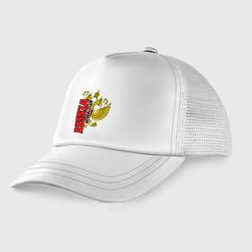 Детская кепка тракер с принтом RUSSIA national team в городе Новоалтайск, Козырек - 100% хлопок. Кепка - 100% полиэстер, Задняя часть - сетка | универсальный размер, пластиковая застёжка | ru | rus | russia | team | герб | двуглавый | знак | империя | лого | логотип | надпись | национальный | орел | отечественный | патриот | россии | российская | россия | русич | русский | русь | рф | сборная | символ