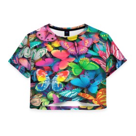 Женская футболка Crop-top 3D с принтом Радужный рой в городе Новоалтайск, 100% полиэстер | круглая горловина, длина футболки до линии талии, рукава с отворотами | бабочка | бабочки | белый | бирюзовый | зеленый | красный | розовый | серый | синий | фиолетовый | яркий цвет