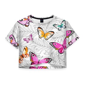 Женская футболка Crop-top 3D с принтом Яркий рой в городе Новоалтайск, 100% полиэстер | круглая горловина, длина футболки до линии талии, рукава с отворотами | бабочки | белый | желтый | оранжевый | прозрачный | розовый | фиолетовый | чёрный