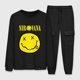 Мужской костюм хлопок с принтом NIRVANA в городе Новоалтайск, 100% хлопок | на свитшоте круглая горловина, мягкая резинка по низу. Брюки заужены к низу, на них два вида карманов: два “обычных” по бокам и два объемных, с клапанами, расположенные ниже линии бедра. Брюки с мягкой трикотажной резинкой на поясе и по низу штанин. В поясе для дополнительного комфорта — широкие завязки | nirvana | nirvana smells | nirvana smells like | teen spirit | курт кобейн | нирвана | нирвана песни.
