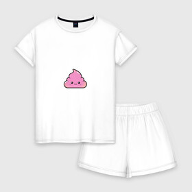 Женская пижама с шортиками хлопок с принтом Розовая какашка смайлик в городе Новоалтайск, 100% хлопок | футболка прямого кроя, шорты свободные с широкой мягкой резинкой | детский розовый | кавай | кучка | маленький символ | мило | милота | позитив | прикол | пурпурный | розовый | с глазками | сарказм | смайл | шутливый | японский стиль смайлов