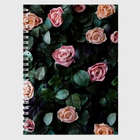 Тетрадь с принтом PINK ROSES в городе Новоалтайск, 100% бумага | 48 листов, плотность листов — 60 г/м2, плотность картонной обложки — 250 г/м2. Листы скреплены сбоку удобной пружинной спиралью. Уголки страниц и обложки скругленные. Цвет линий — светло-серый
 | листья | растения | розовые | розы | цветы