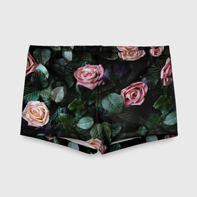 Детские купальные плавки 3D с принтом PINK ROSES в городе Новоалтайск, Полиэстер 85%, Спандекс 15% | Слитный крой, подклад по переду изделия, узкие бретели | Тематика изображения на принте: листья | растения | розовые | розы | цветы