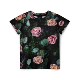 Детская футболка 3D с принтом PINK ROSES в городе Новоалтайск, 100% гипоаллергенный полиэфир | прямой крой, круглый вырез горловины, длина до линии бедер, чуть спущенное плечо, ткань немного тянется | листья | растения | розовые | розы | цветы
