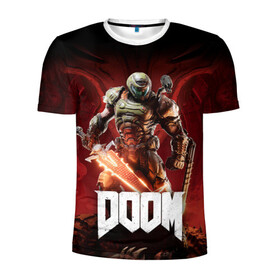 Мужская футболка 3D спортивная с принтом Doom в городе Новоалтайск, 100% полиэстер с улучшенными характеристиками | приталенный силуэт, круглая горловина, широкие плечи, сужается к линии бедра | aerospace | corporation | doom | doomguy | eternal | mars | shooter | slayer | uac | union | дум | корпорация | марс | объединённая | палач | рока | солдат | шутер