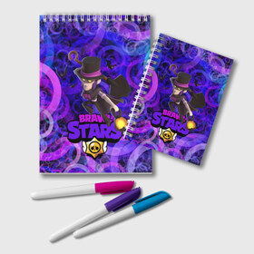 Блокнот с принтом Mortis BRAWL STARS в городе Новоалтайск, 100% бумага | 48 листов, плотность листов — 60 г/м2, плотность картонной обложки — 250 г/м2. Листы скреплены удобной пружинной спиралью. Цвет линий — светло-серый
 | Тематика изображения на принте: 8 bit | brawl | bull | crow | leon | max | mecha | mortis | sally | spike | sprout | stars | werewolf | wolf | бравл | волк | ворон | кроу | леон | макс | мортис | робот | салли | спраут | старз | старс